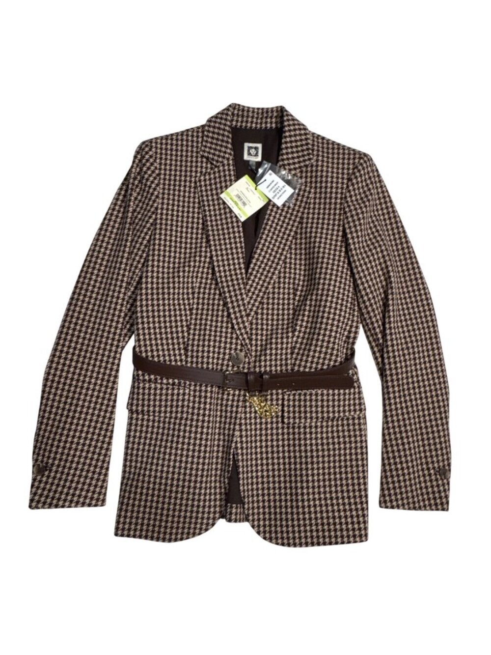NWT Anne Klein Coffee Houndstooth Belted Blazer US 4 MSRP $179